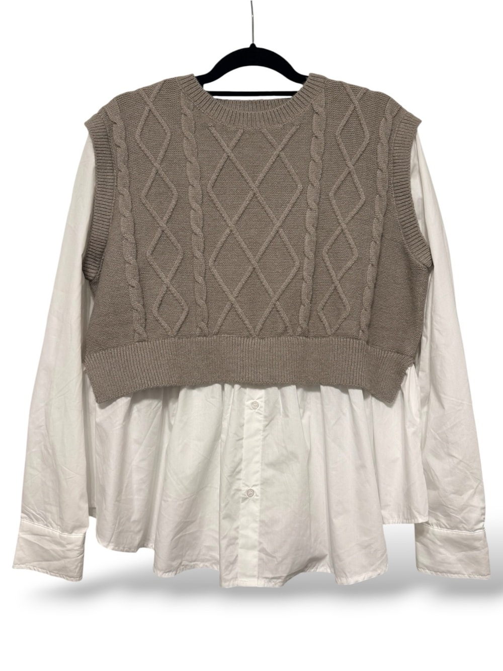 Emory Park Cable Two Fer Sweater Vest Shirt Medium Taupe White - Picture 2 of 7
